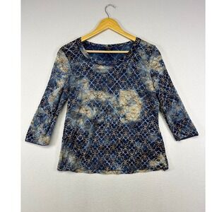 Boho Metallic Tribal Womens Large Blue Gold Floral Lace 3/4 Sleeve Top Artsy